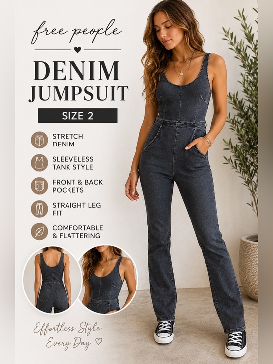 Free People Pants - Free People Denim Jumpsuit Dark Wash Sleeveless Stretch One Piece Size 2
